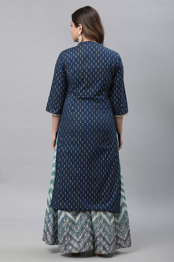 Blue Polka Dot Ikat Foil Printed Straight Cotton Kurta