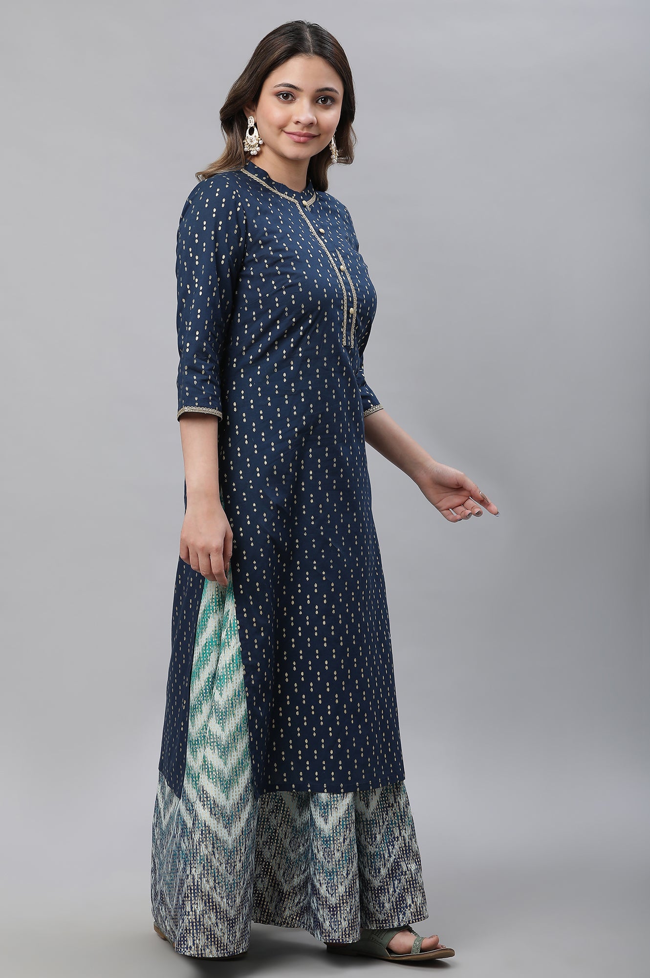 Blue Ikat Foil Printed Embellished Kurta