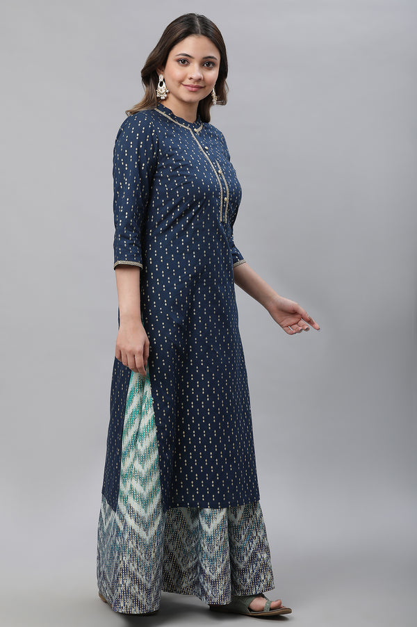 Blue Polka Dot Ikat Foil Printed Straight Cotton Kurta