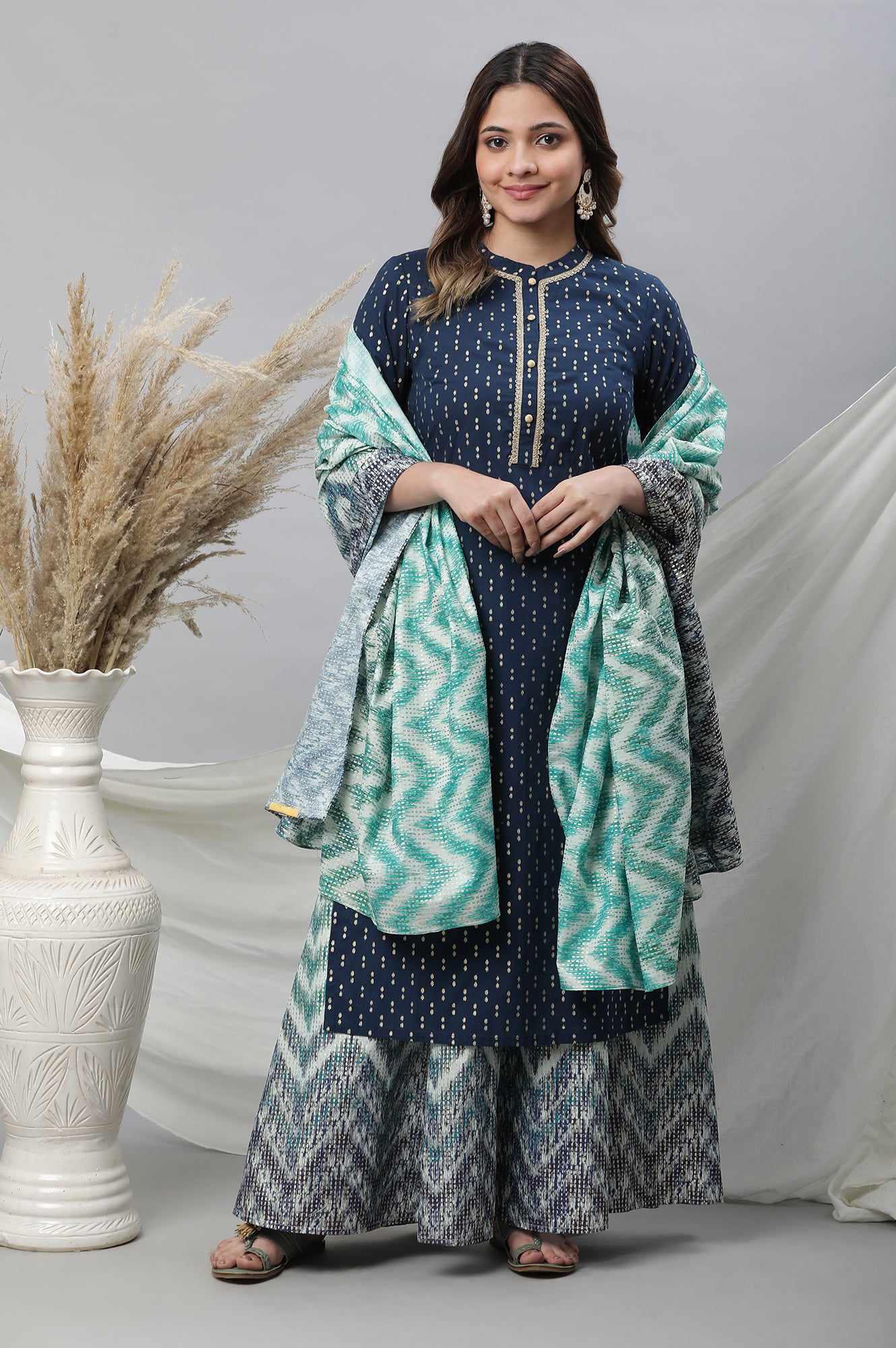 Blue Ikat Foil Printed Embellished Kurta