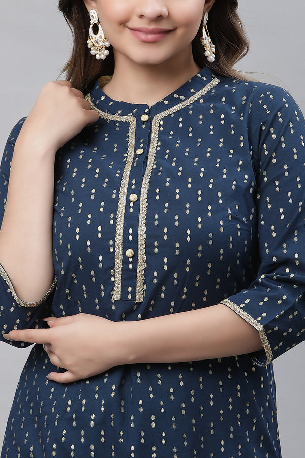 Blue Polka Dot Ikat Foil Printed Straight Cotton Kurta