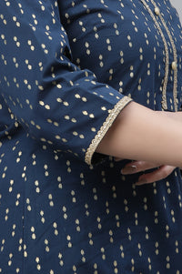 Blue Polka Dot Ikat Foil Printed Straight Cotton Kurta