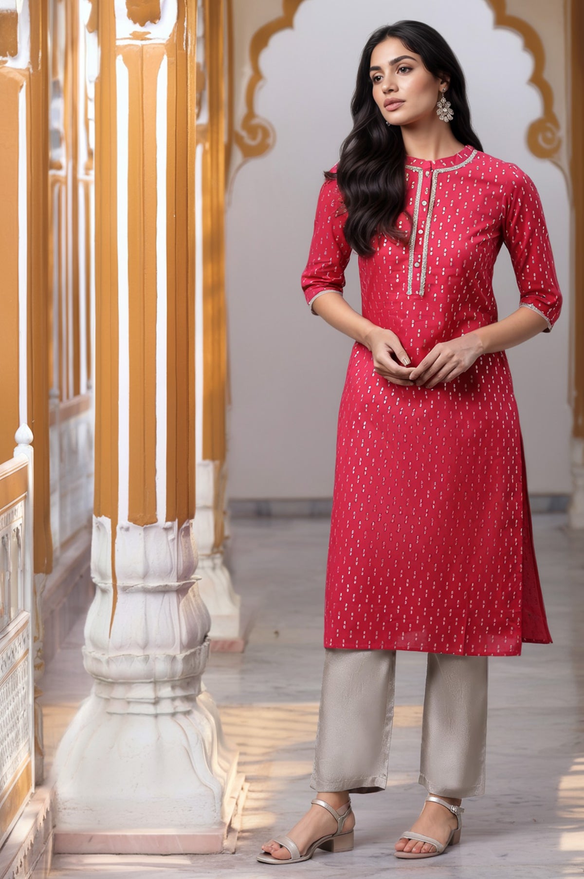 Pink Ikat Foil Printed Embellished Kurta - XS