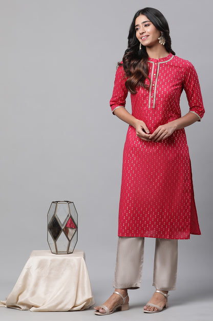 Pink Ikat Foil Printed Embellished Kurta