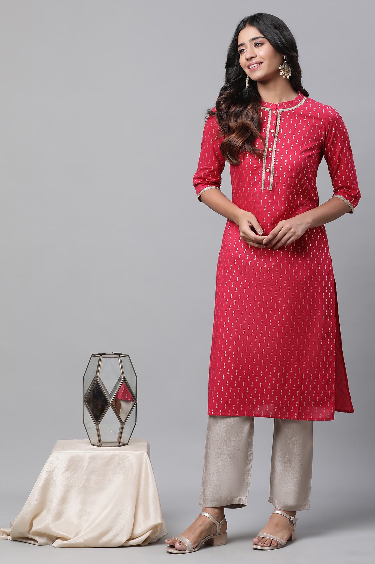 Pink Polka Dot Ikat Foil Printed Straight Cotton Kurta - XS