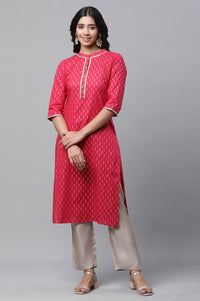 Pink Polka Dot Ikat Foil Printed Straight Cotton Kurta