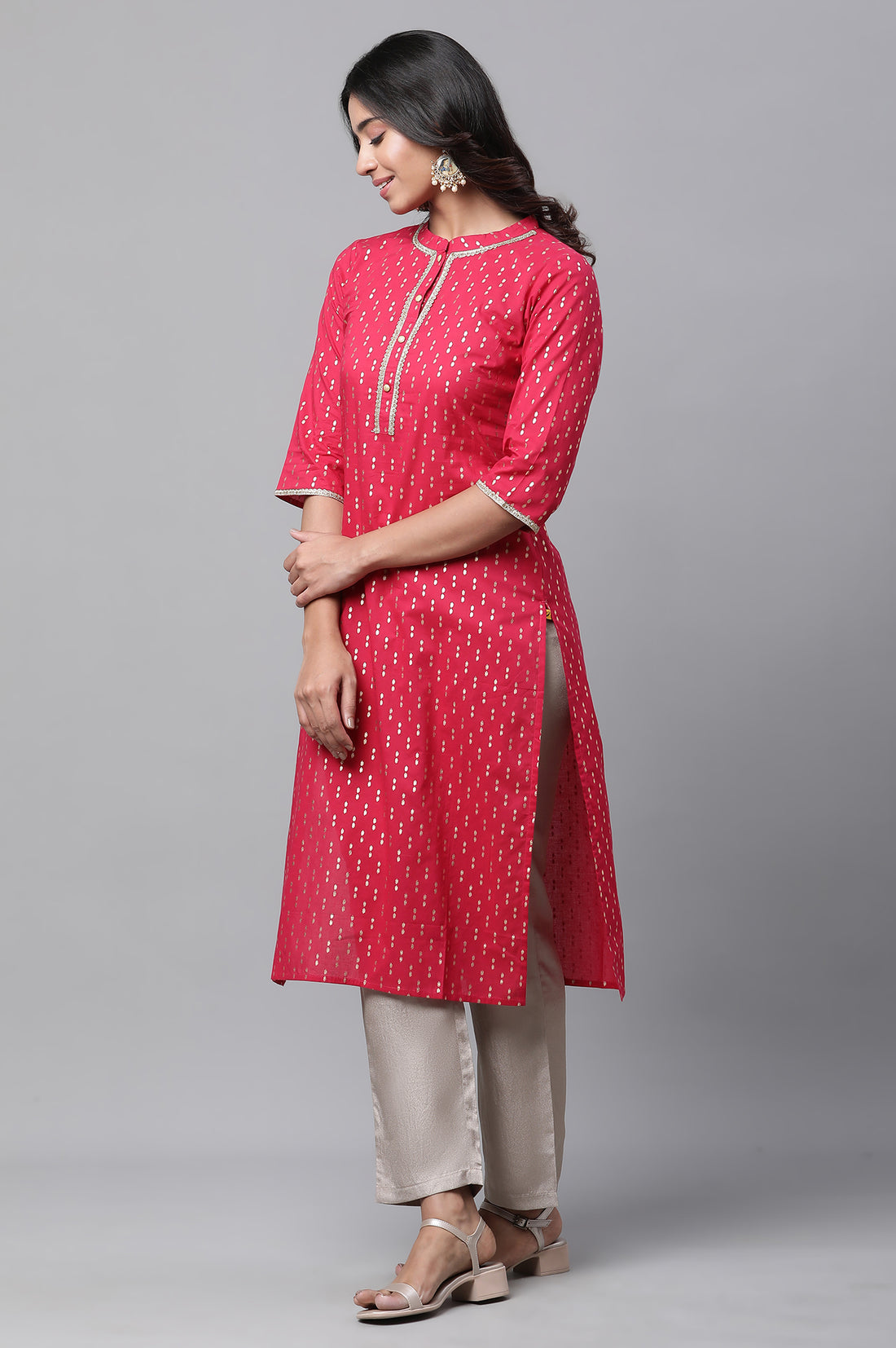 Pink Polka Dot Ikat Foil Printed Straight Cotton Kurta