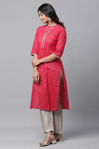 Pink Polka Dot Ikat Foil Printed Straight Cotton Kurta