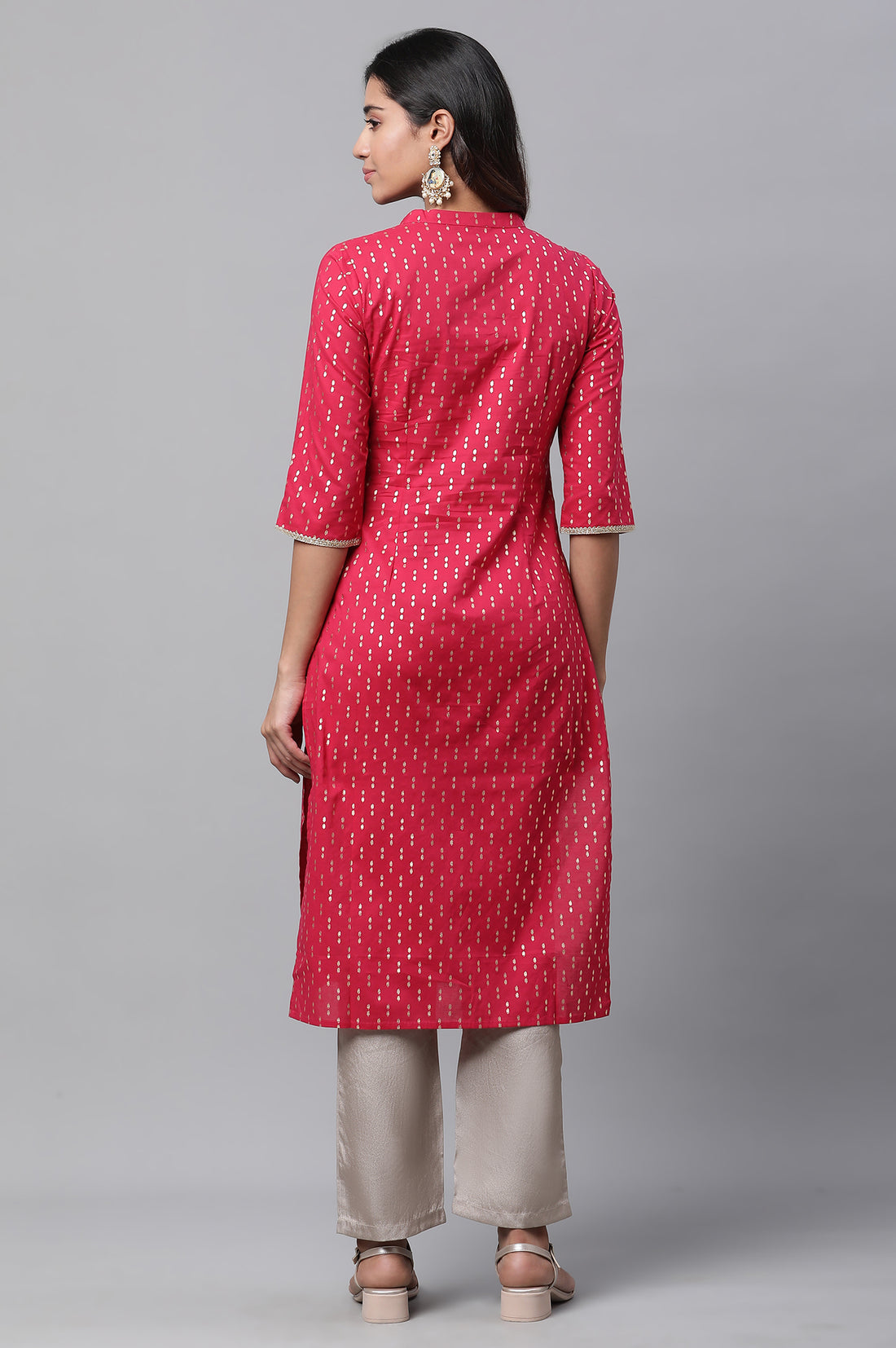 Pink Polka Dot Ikat Foil Printed Straight Cotton Kurta