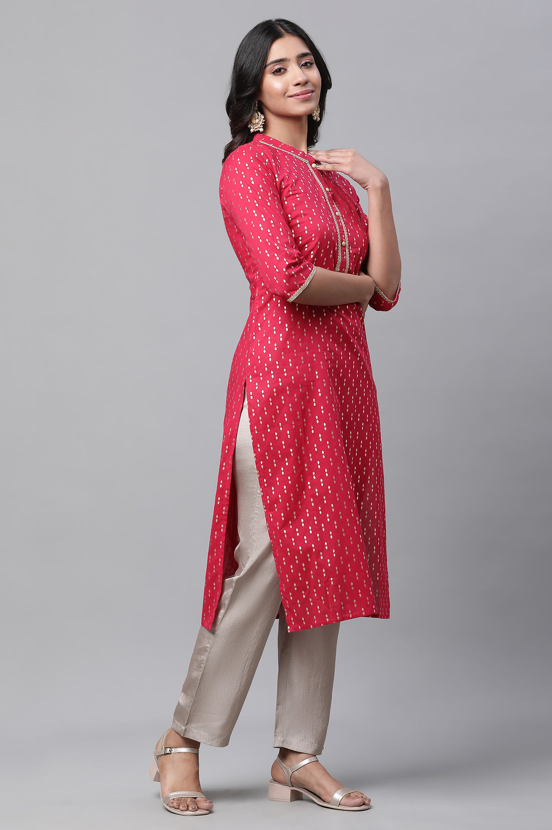 Pink Polka Dot Ikat Foil Printed Straight Cotton Kurta