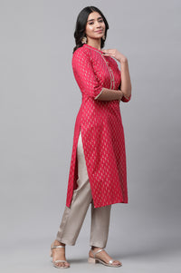 Pink Polka Dot Ikat Foil Printed Straight Cotton Kurta