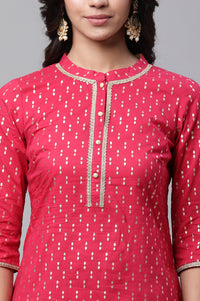 Pink Polka Dot Ikat Foil Printed Straight Cotton Kurta