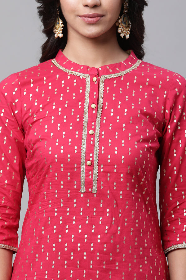 Pink Polka Dot Ikat Foil Printed Straight Cotton Kurta