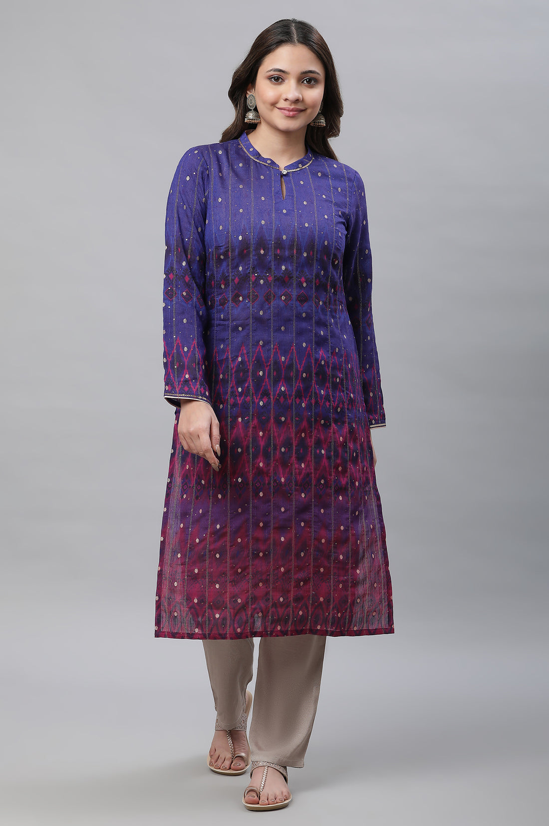 Blue Ombre Ikkat Printed Embellished Kurta