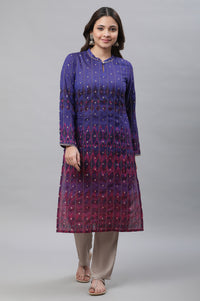 Blue Ombre Ikkat Printed Embellished Kurta