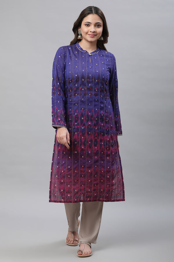 Blue Ombre Ikkat Printed Embellished Kurta