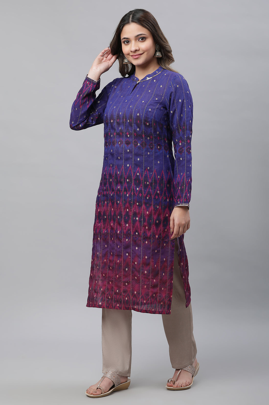Blue Ombre Ikkat Printed Embellished Kurta