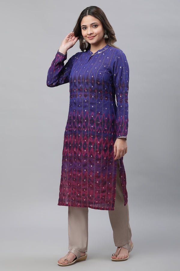 Blue Ombre Ikkat Printed Embellished Kurta