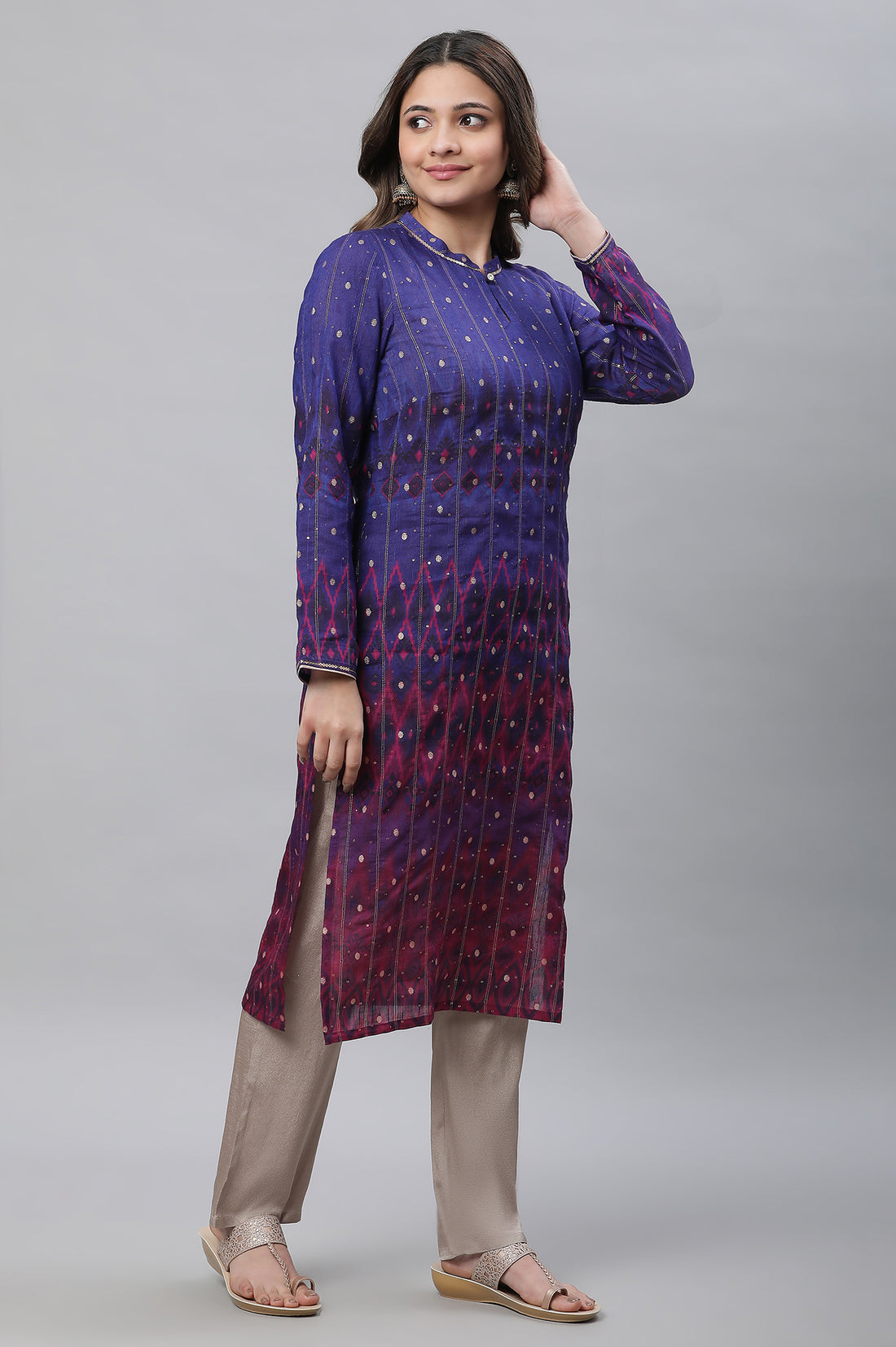 Blue Ombre Ikkat Printed Embellished Kurta