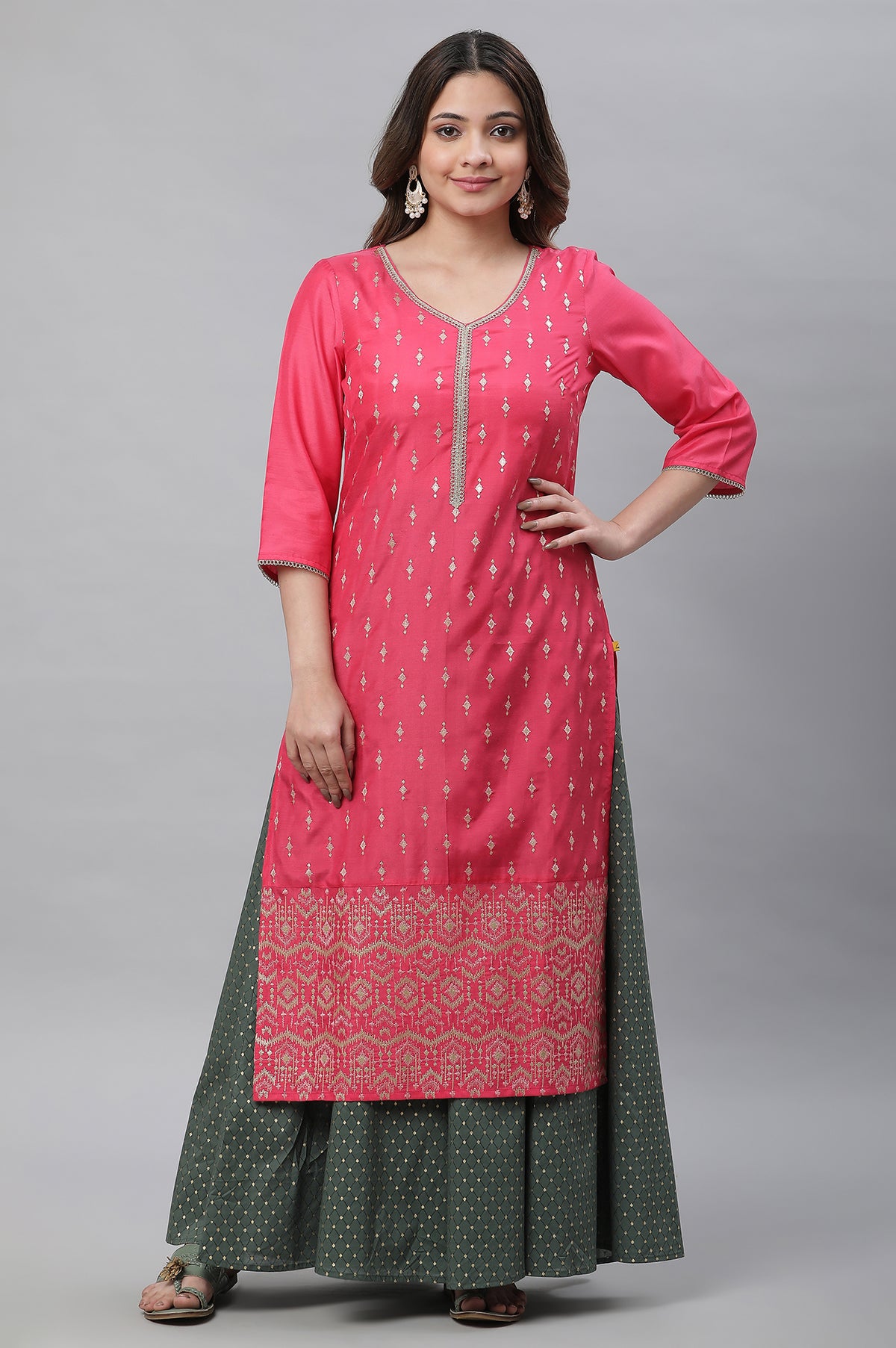 Elleven Women's Pink Embellished Festive Kurta with Gold Puff Print - XS