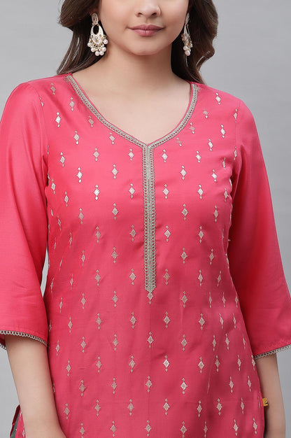 Pink Embellished Festive Kurta with Gold Puff Print