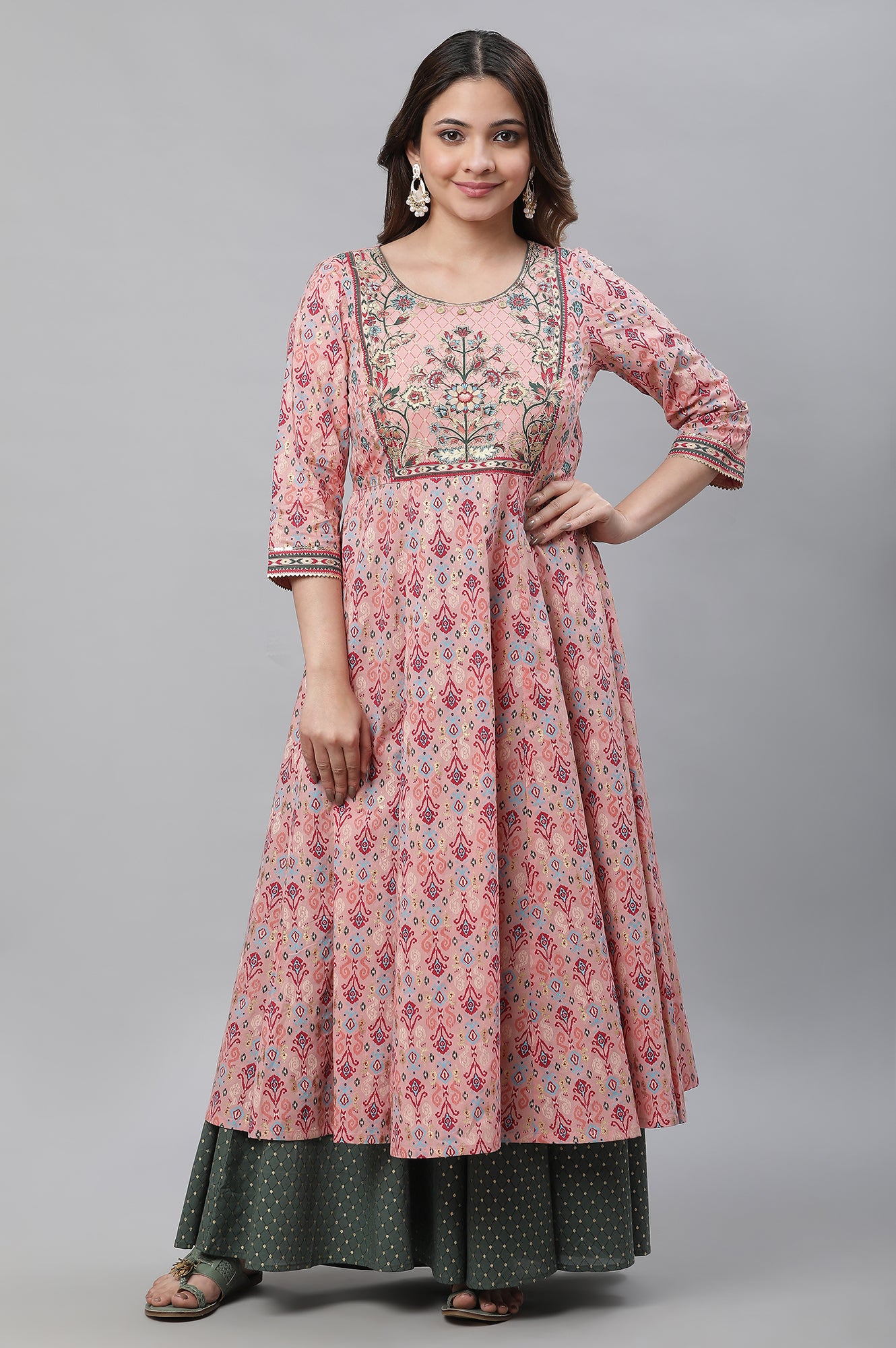 Pink Printed Flared Festive Kurta