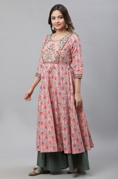 Pink Printed Flared Festive Kurta