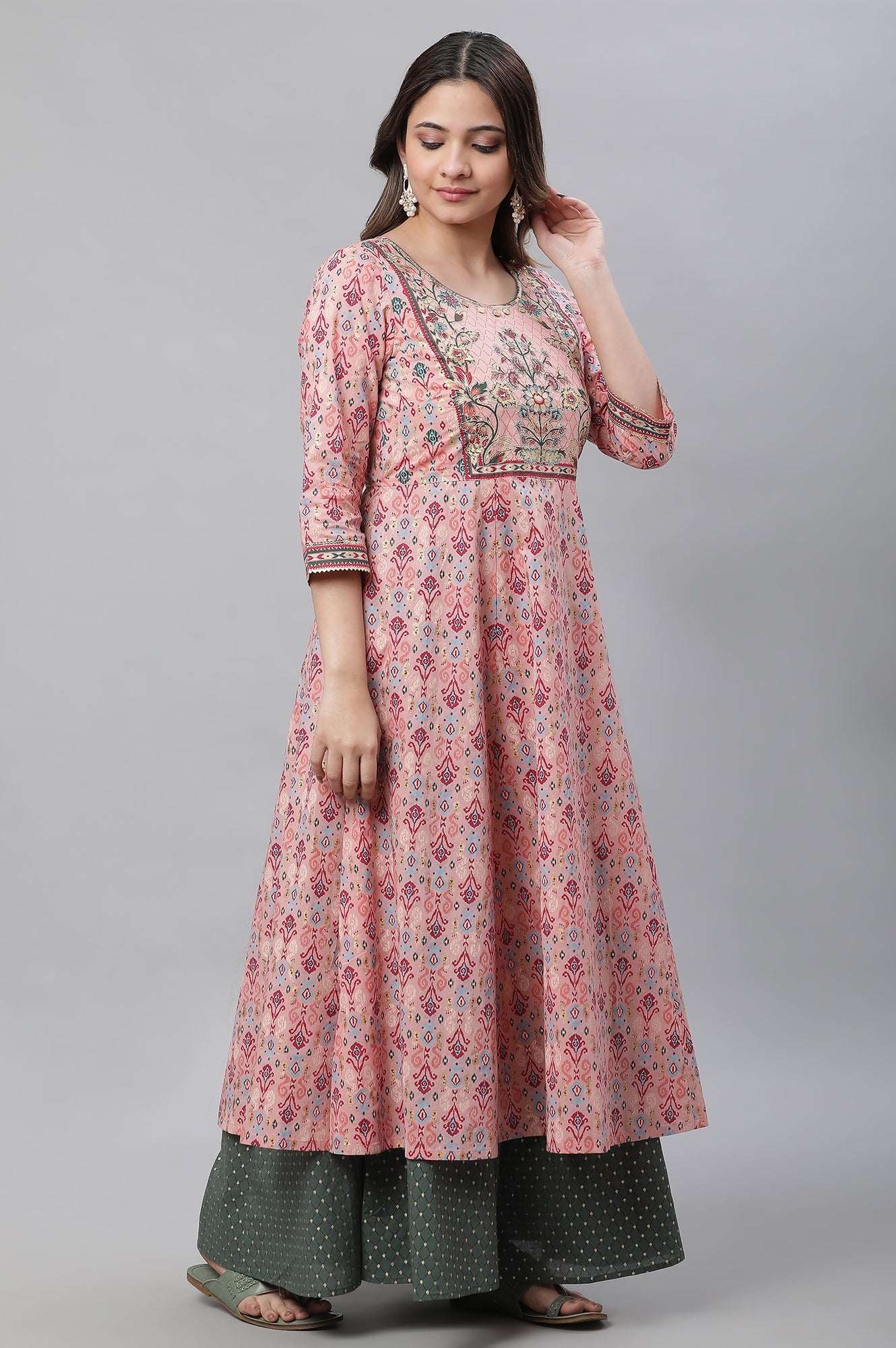 Pink Printed Flared Festive Kurta