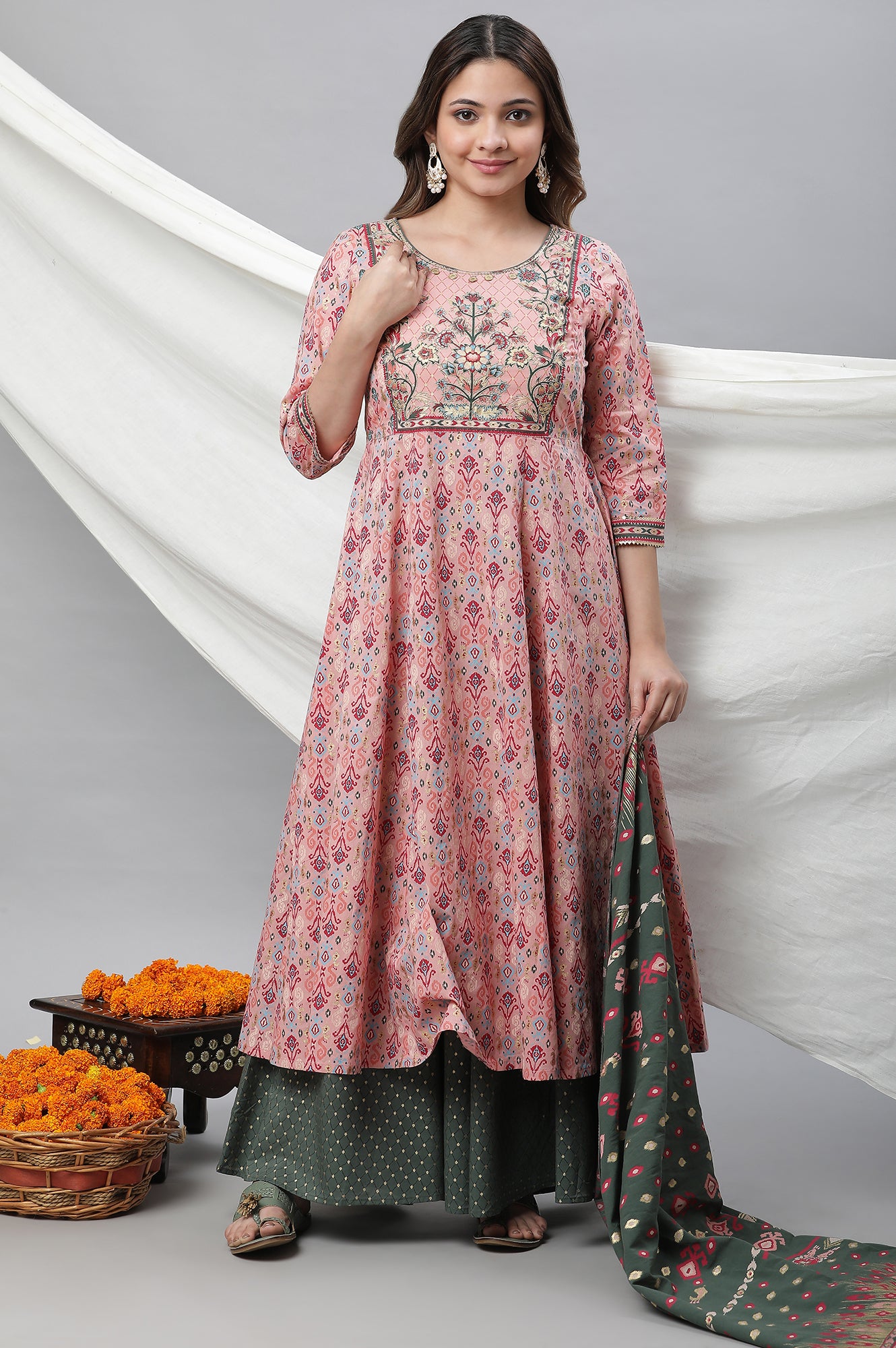 Pink Printed Flared Festive Kurta