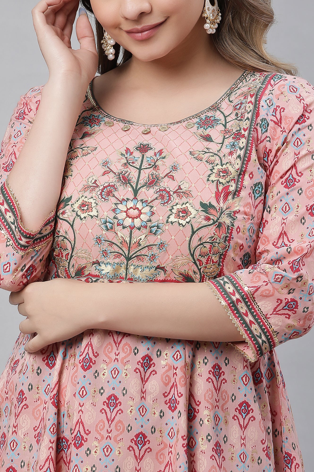 Pink Printed Flared Festive Kurta