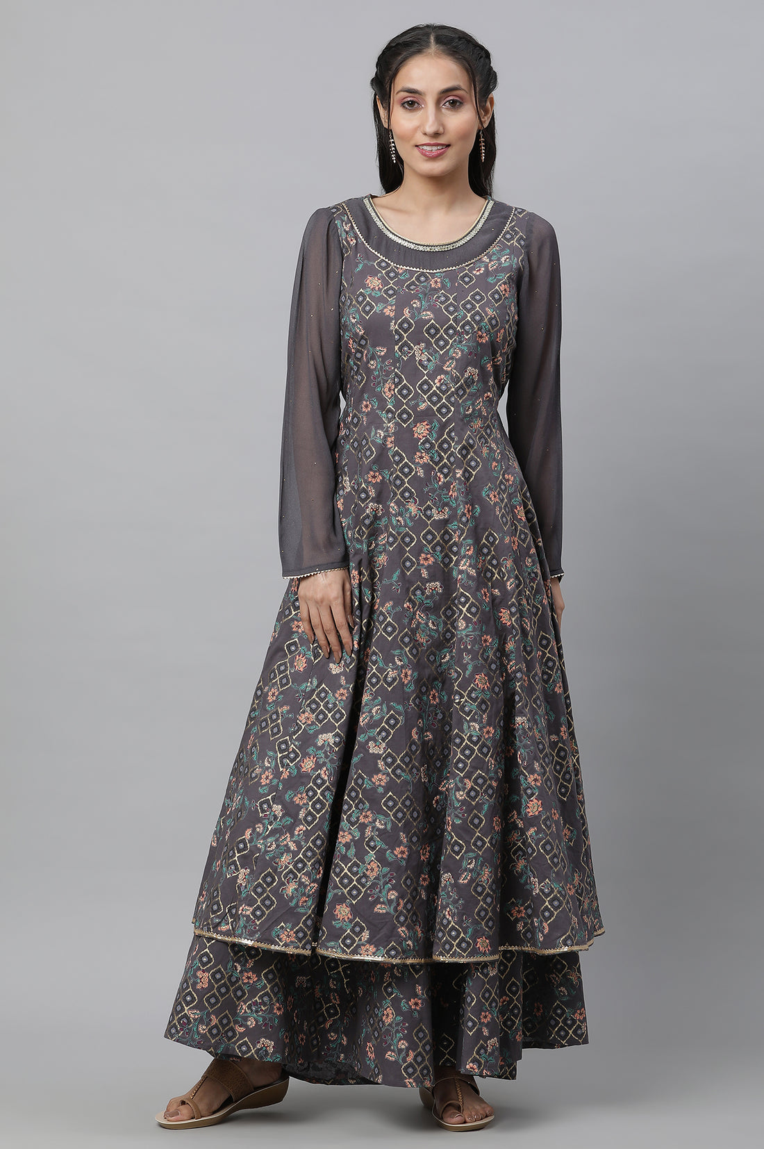Grey Embellished Anarkali Flared Festive Kurta