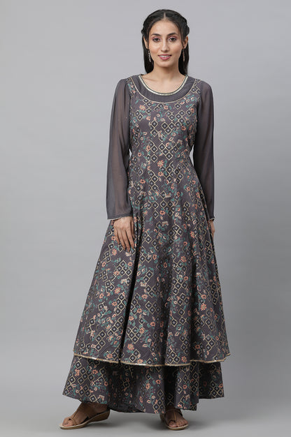 Grey Embellished Anarkali Flared Kurta