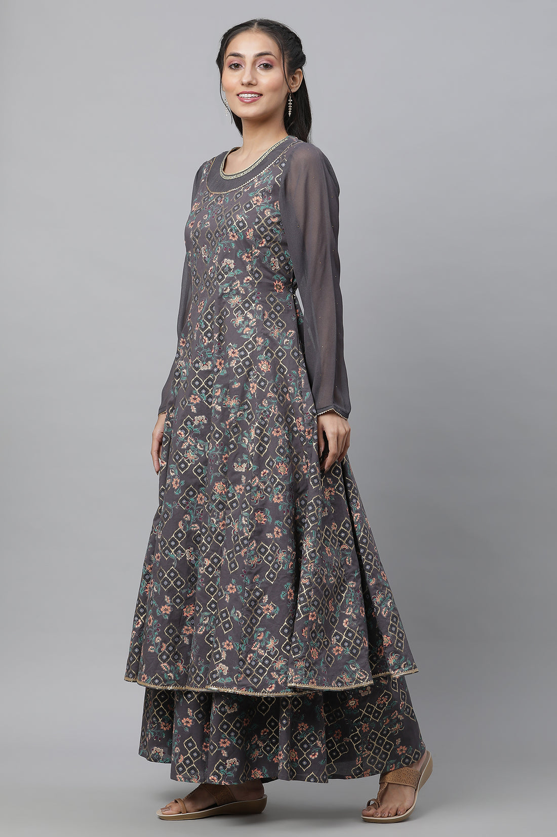 Grey Embellished Anarkali Flared Festive Kurta
