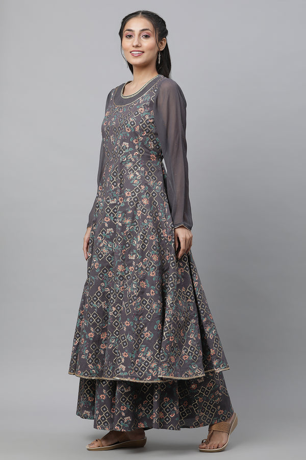 Grey Embellished Anarkali Flared Festive Kurta