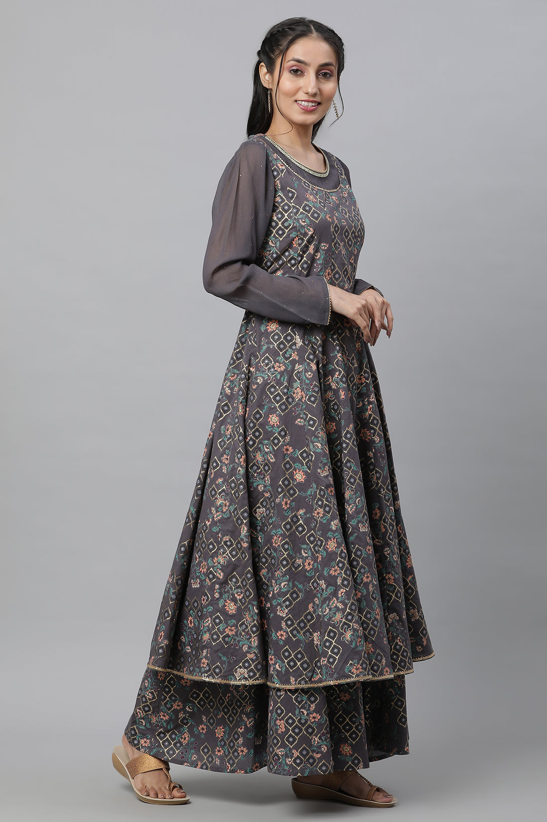 Grey Embellished Anarkali Flared Festive Kurta