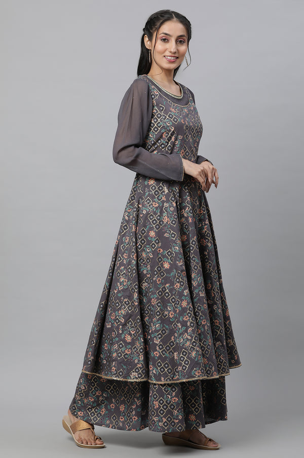 Grey Embellished Anarkali Flared Festive Kurta