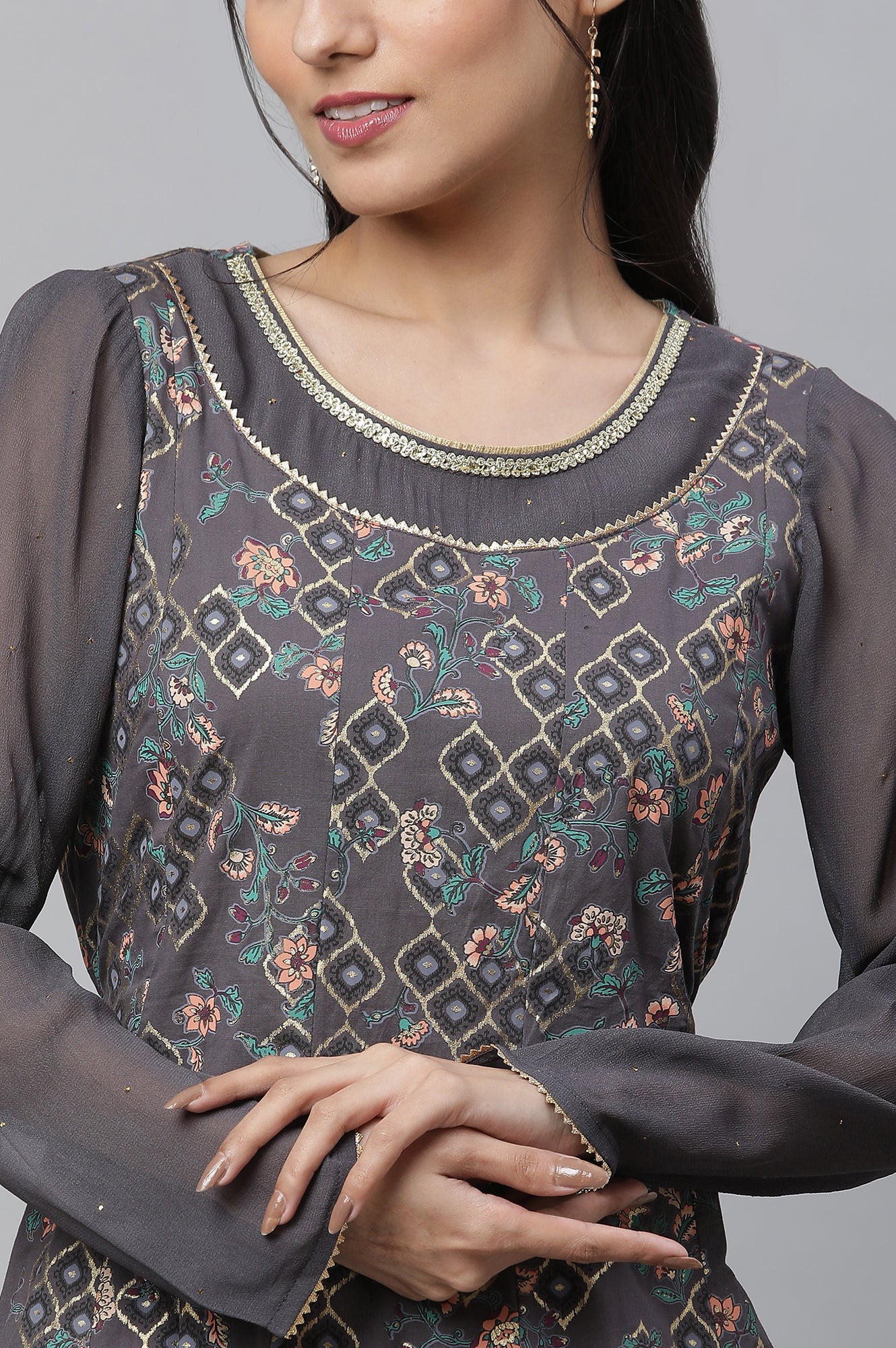 Grey Embellished Anarkali Flared Kurta