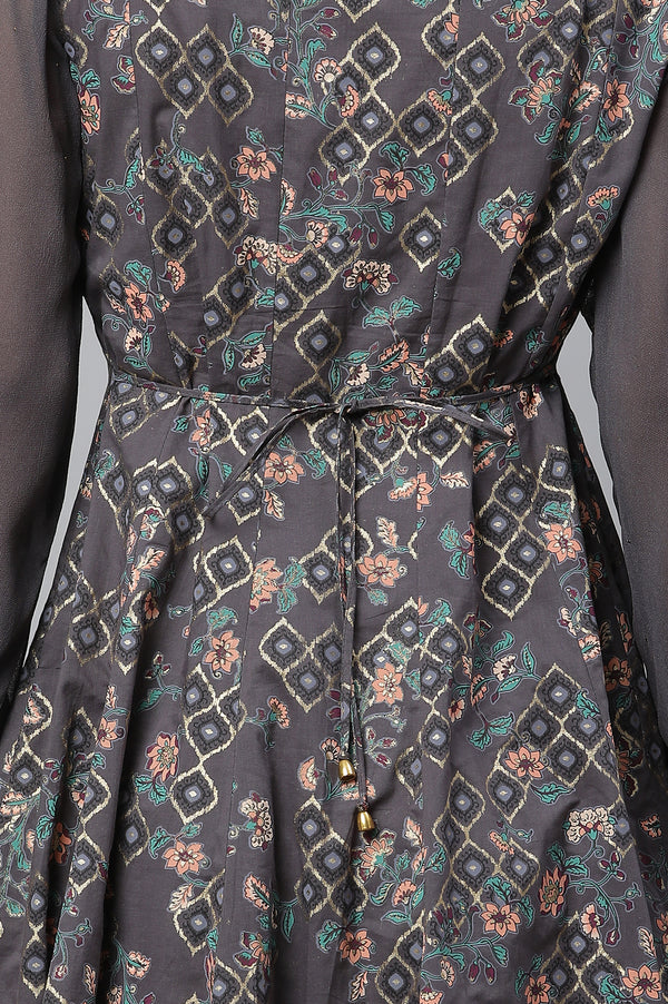 Grey Embellished Anarkali Flared Festive Kurta