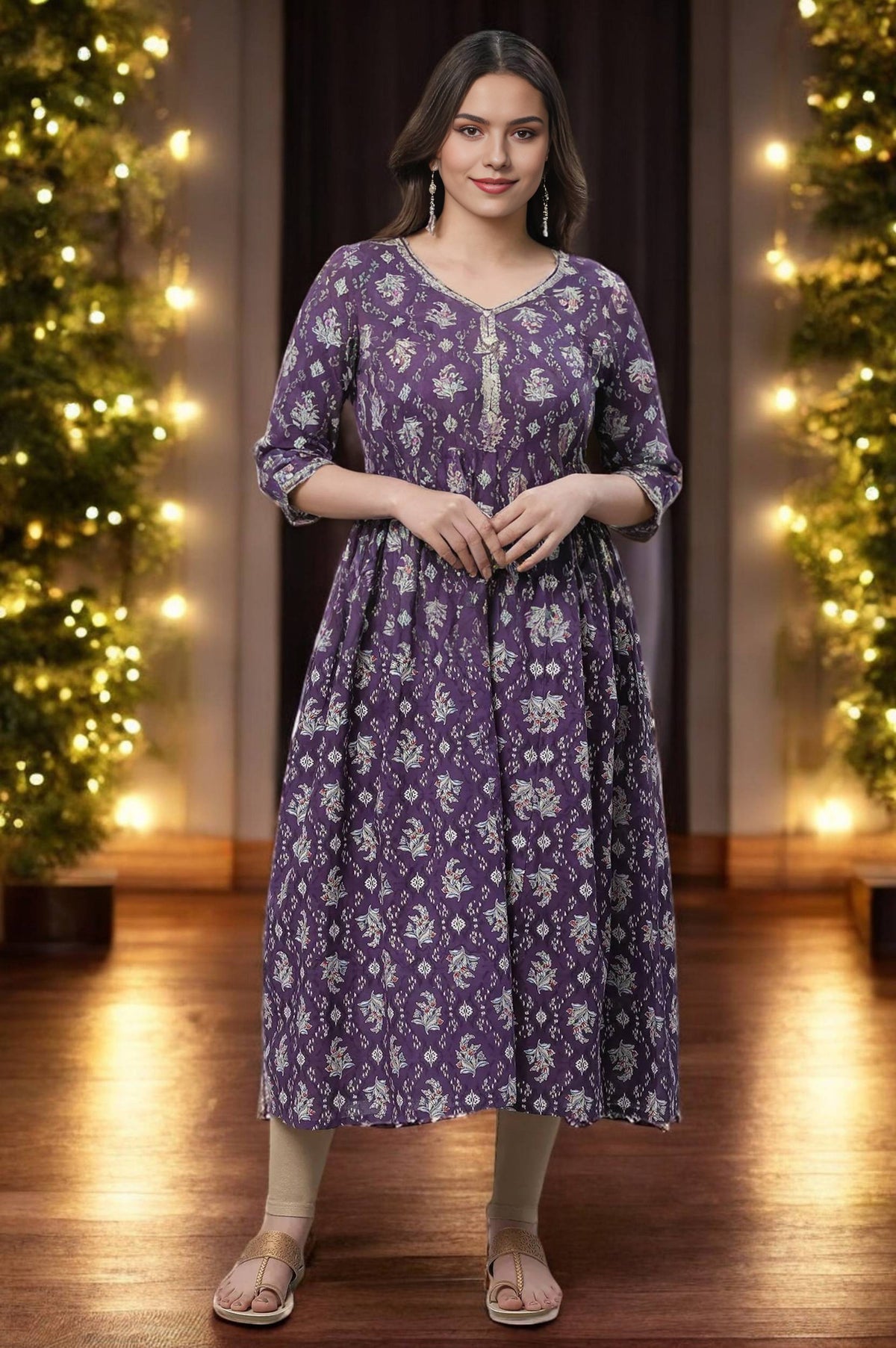 Purple Floral Printed Flared Kurta - XS