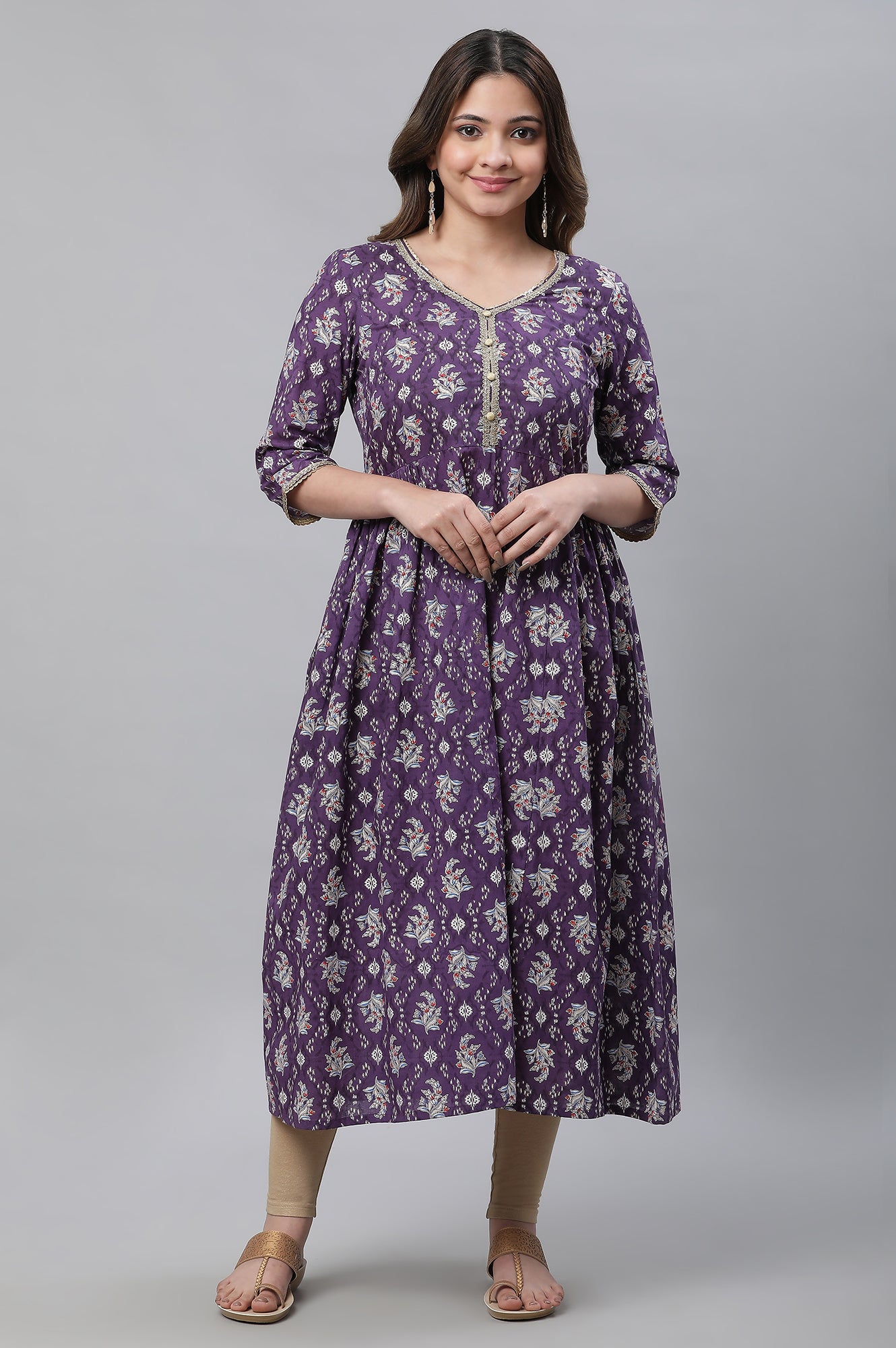 Purple Floral Printed Flared Kurta