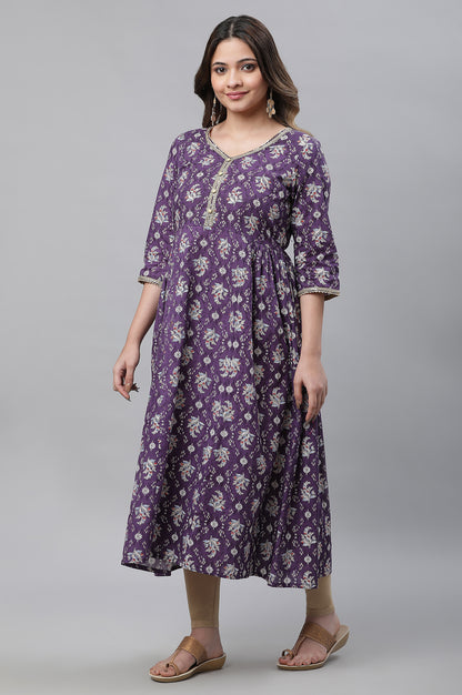 Purple Floral Printed Flared Kurta