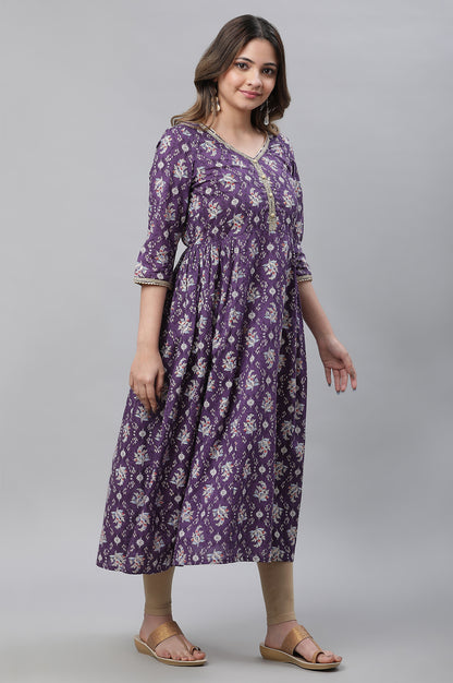 Purple Floral Printed Flared Kurta