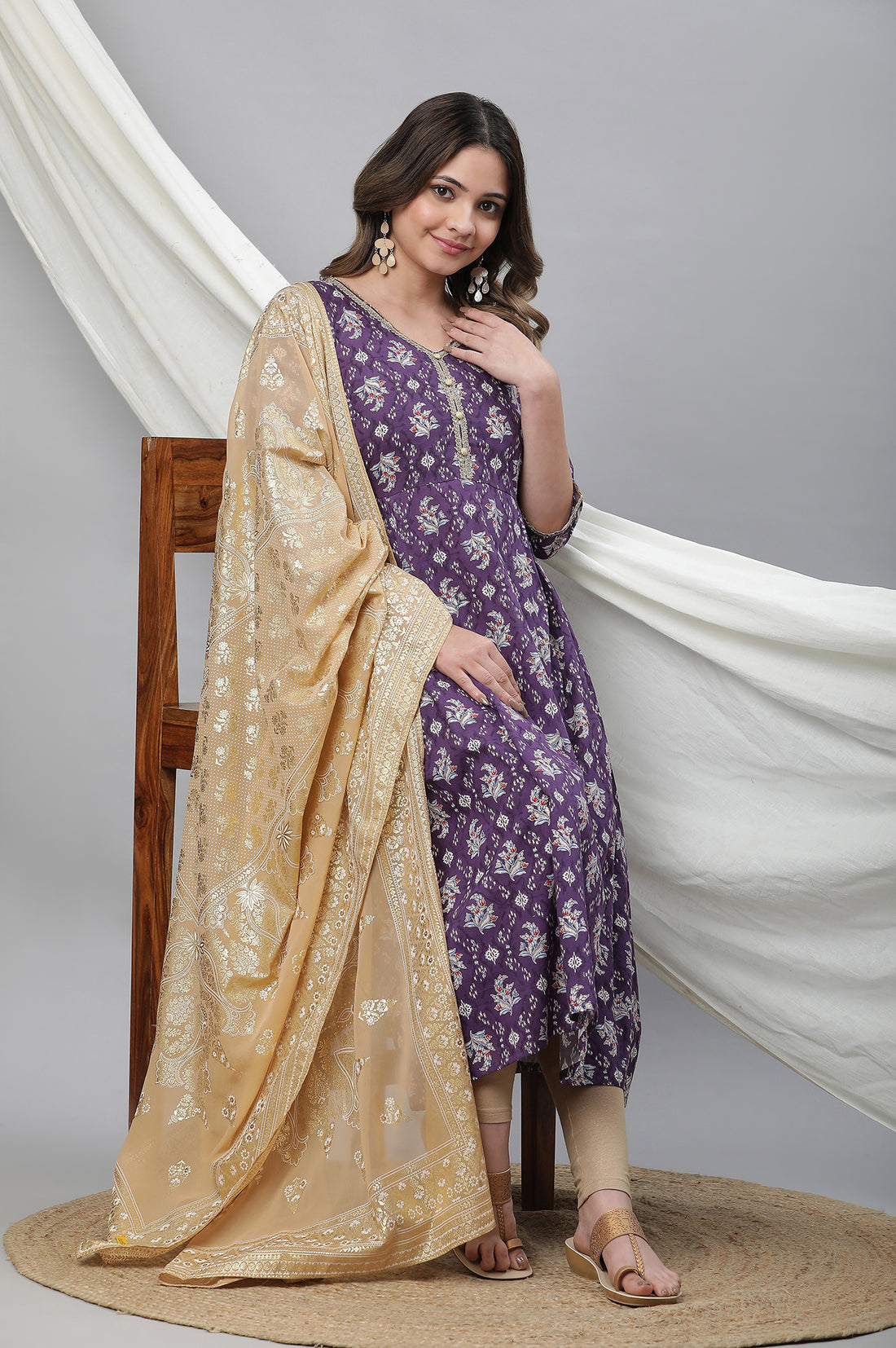 Purple Floral Printed Flared Kurta