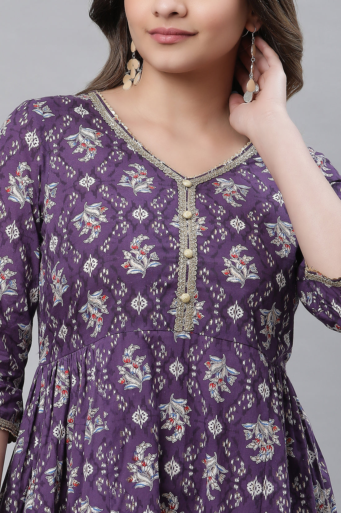 Purple Floral Printed Flared Kurta
