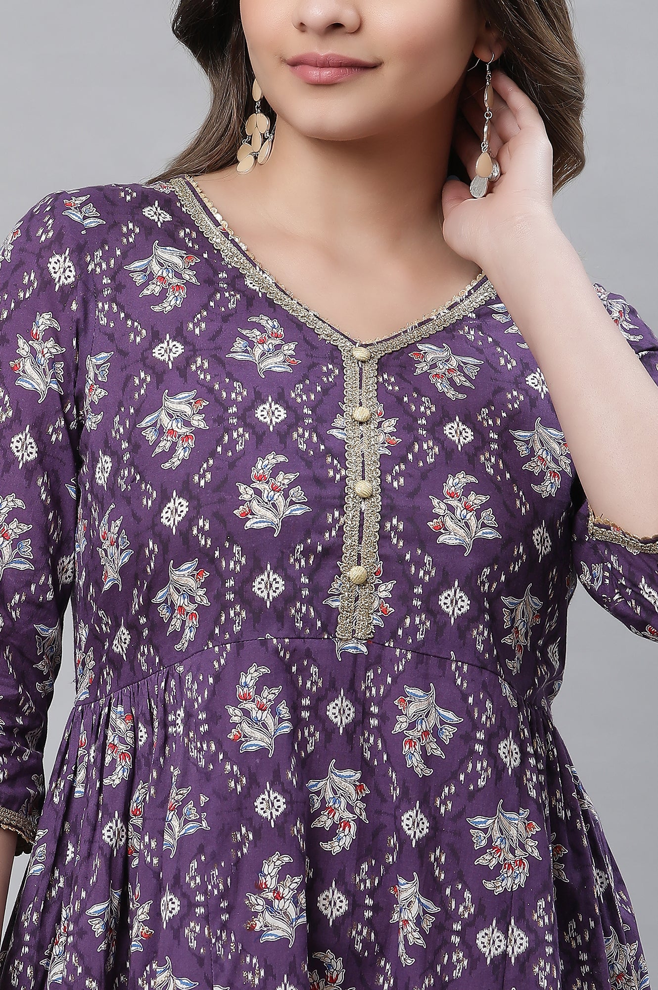 Purple Floral Printed Flared Kurta