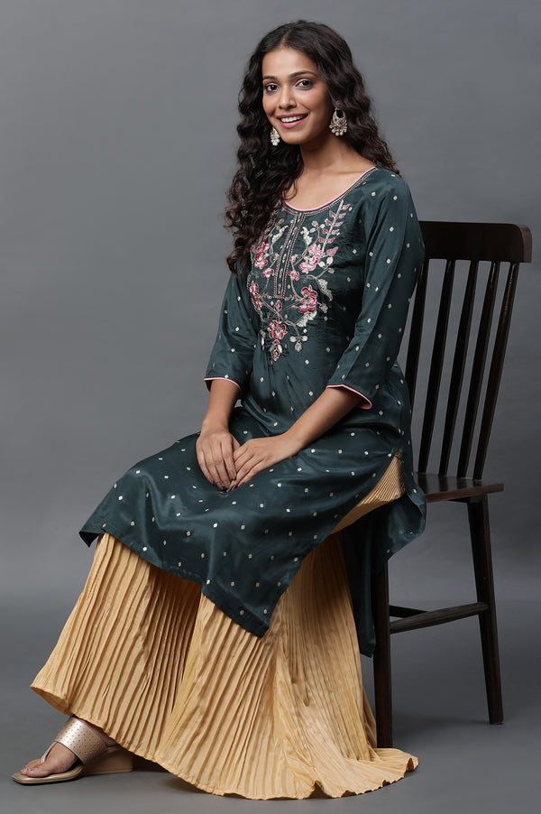 Green Polka Dot Embroidered Straight Shantung Kurta