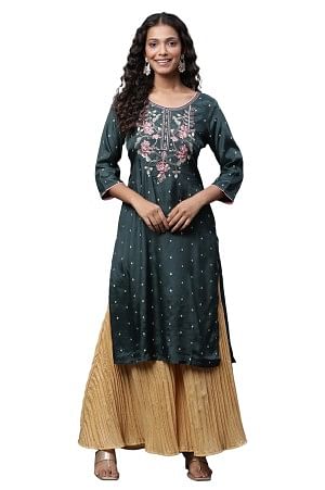 Dark Green Zari Embroidered Shantung Kurta