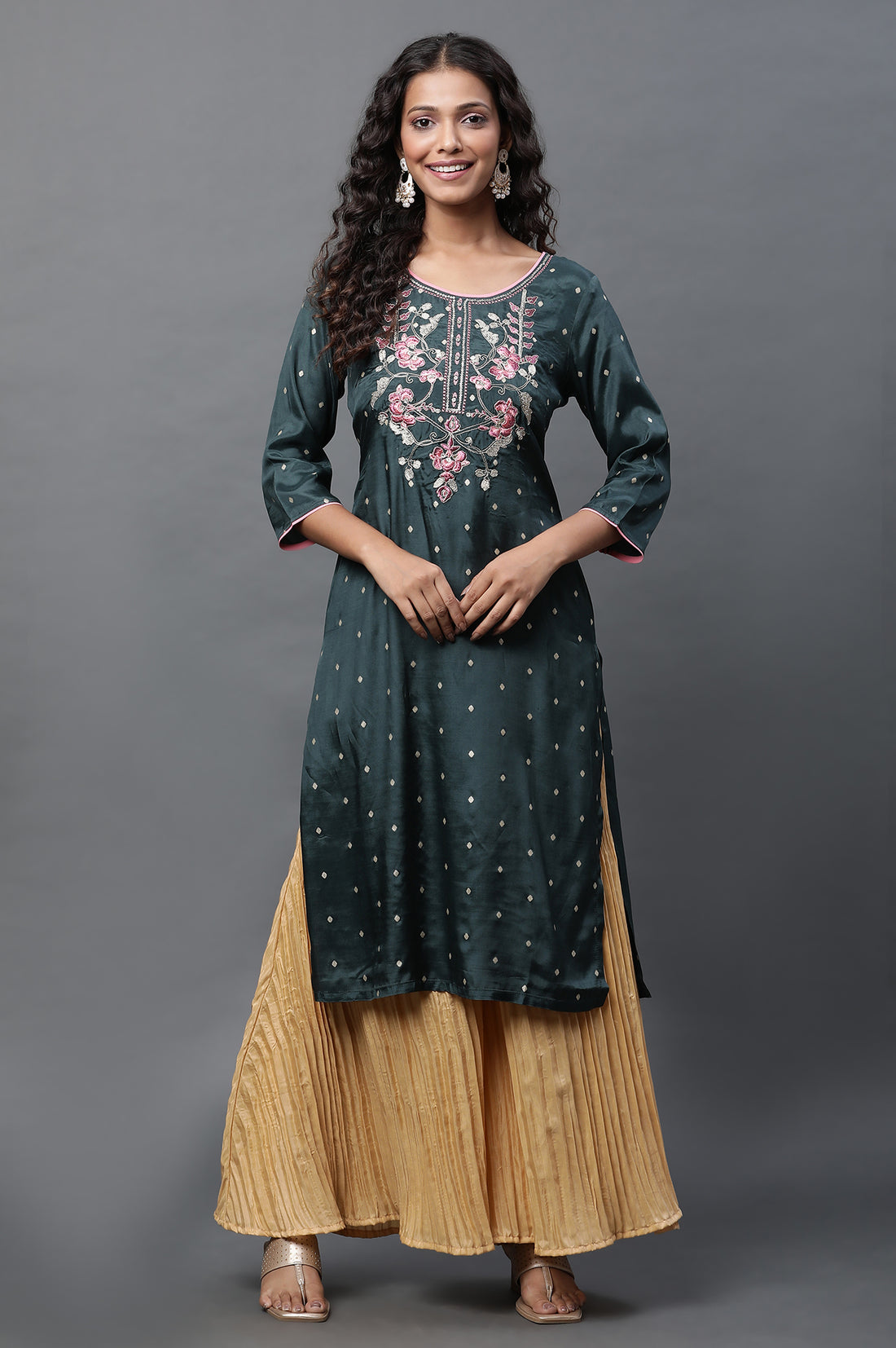 Green Polka Dot Embroidered Straight Shantung Kurta
