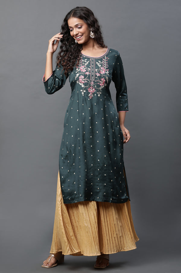 Green Polka Dot Embroidered Straight Shantung Kurta