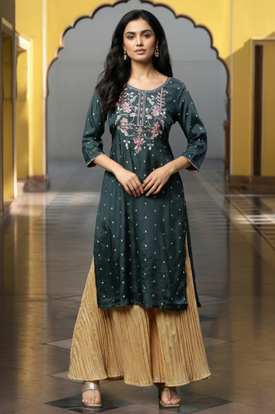 Dark Green Zari Embroidered Shantung Kurta